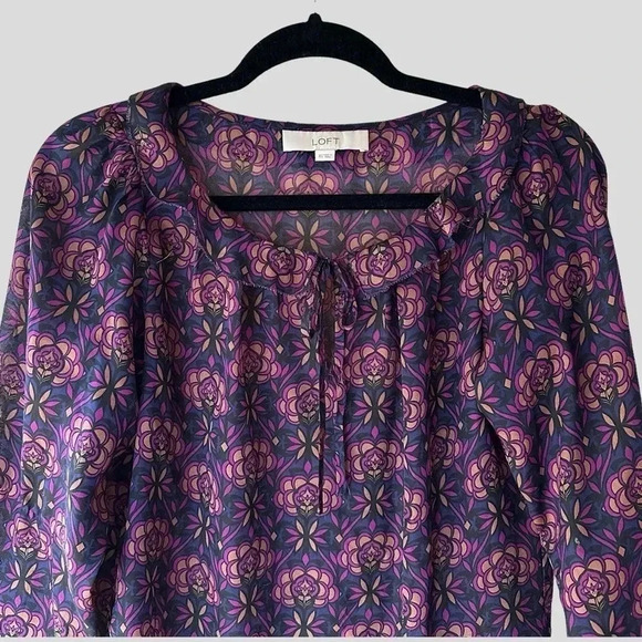 LOFT |  NWOT | LONG SLEEVED BOHO BLOUSE NAVY BLUE PURPLE | SIZE: EXTRA SMALL - Picture 2 of 11